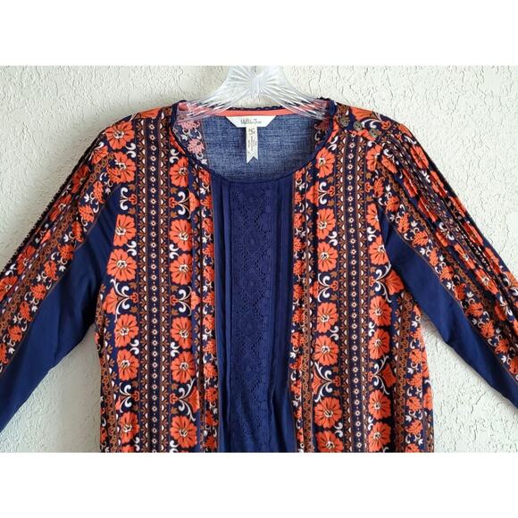 MATILDA JANE Women's S Top Navy Blue Orange Lace Pleated Crochet Neck Trim 34" - Picture 2 of 7